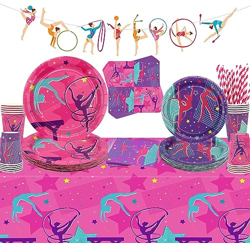 Decorazioni per feste di compleanno in ginnastica, forniture per feste a tema ginnastica per le tue piccole ginnaste di danza con striscione con motivo ginnastica, tovaglia, piatti, tovaglioli,
