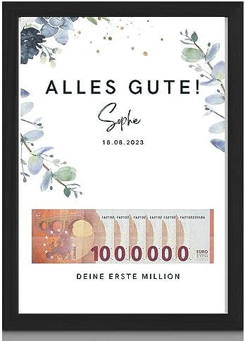Milaboo® personalisiertes Geldgeschenk zum Geburtstag Mille I Hahnemühlen Papier Made in Germany A3 A4 A5 I mit Bilderrahmen schwarz oder weiß
