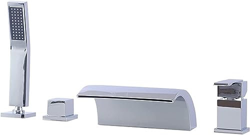 SXLSZ Wasserfall Badewannenarmatur 4 Loch Wannenrandarmatur Wannenarmatur Heißes und Kaltes Wasser Badewanne Wasserhahn Messing Chrom Einhebel Wannenmischer mit Handbrause und Brauseschlauch,B