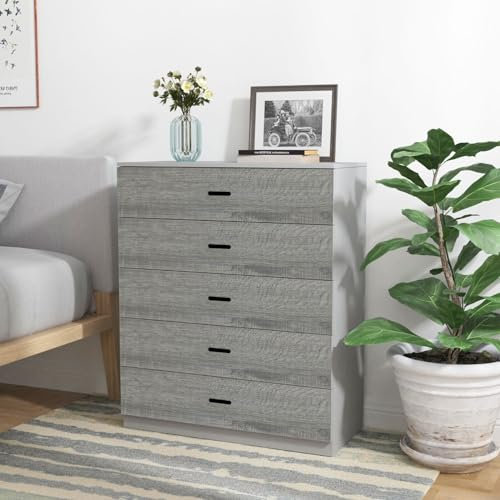 URBNLIVING 5 Drawer Wooden Bedroom Chest Cabinet Modern Wide Storage Cupboard Closet (Grey Carcass+Ash Grey Drawers, 5)