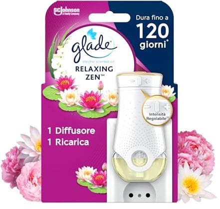Glade Liquido Elettrico Profumatore per Ambienti con Olii Essenziali, Fragranza Relaxing Zen, Fino a 120 Giorni di Profumo, 1 Diffusore e 1 Ricarica