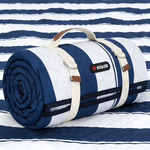 HX&OD Outdoor-Picknickdecke, extra groß, 203,2 x 152,4 cm, wasserdicht, Picknickmatte, faltbar, Campingdecke, tragbar, mit Tragegurt für Strandmatte, Blau