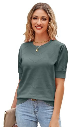 Newshows Women Short Sleeve Jumpers Ladies Summer Spring Knitted Tops Sweater Shirt(Grey Green, L)