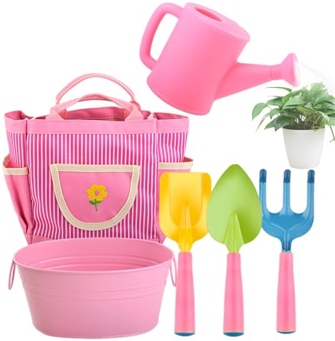 Ensemble D'outils De Jardin Enfant, Kit De Jardinage Enfant, 6 Outils De Jardinage Pour enfant Avec Râteau, Pelles, Pot De Fleurs, Fourre-tout, Bidon D'eau, Ensemble De Jardinage Portable Pour Tout-p