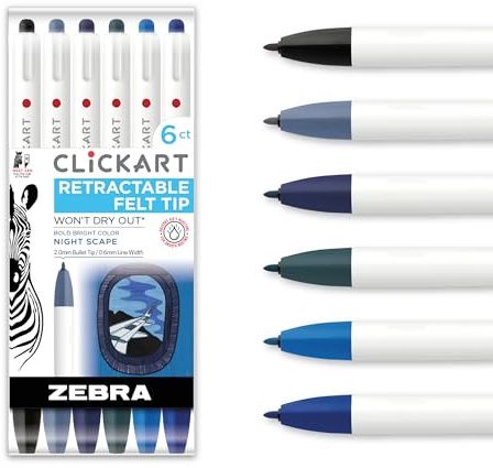 Zebra Pen CLiCKART Retractable Felt Tip Pen, Assorted Ink Nightscape Colors, 0.6mm Fine Point, Moisture Absorbing to Prevent Drying Out, No Bleed, Ideal for Journaling and Drawing, 6-Pack (69116)