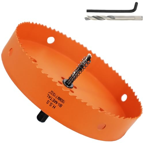 190mm Hole Saw, 7-15/32'' HSS Bi-Metal Hole Cutter with Arbor, Cutting Depth 32 mm, Hole Saw Drill Bit for Cutting Wood, Plywood, Plastic, Drywall, Thin Metal Sheets (with 1 spare drill)
