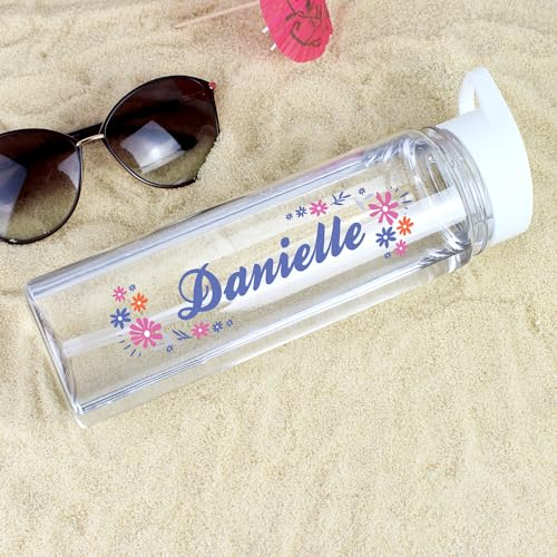 Personalised Purple Name Floral Girls Clear Water Drinks Bottle with straw BPA Free Ideal for Kids,Teachers,Work,School,Cycling,Gym,Camping