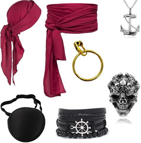 Lotvic 7PCS Mittelalter Piratenkostüm Zubehör Set, Piraten Zubehör mit Stirnband Taillengürtel Augenklappe Goldener Ohrring Armband Halskette Ring, Piraten Accessoires für Halloween Karneval