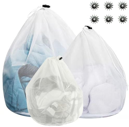 SHENSAIGO 3 Stück Wäschesack, Wäschenetz für Waschmaschine mit 6 Waschkugeln, Feinmaschig Wäschebeutel mit Kordelstopper, Wiederverwendbare Wäschesack Waschmaschine für Unterwäsche Babywäsche Socken