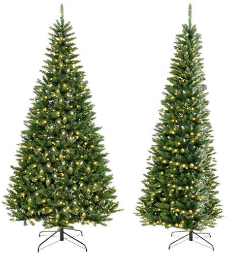 COSTWAY 8FT/240CM Pre-Lit Artificial Christmas Tree, Space-Saving 270° Corner Wall Hinged Xmas Tree with 360 Warm White LED Lights, 1137 Branch Tips and Metal Stand, Home Office Party Holiday Decor