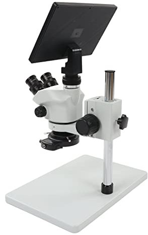 Cámara de Microscopio Trinocular, Grabación de Video 1080P Microscopio Estéreo Trinocular Conexión USB 3.5X-50X 10.1 Pulgadas Práctica Pantalla LCD para Joyería (Enchufe de la UE
