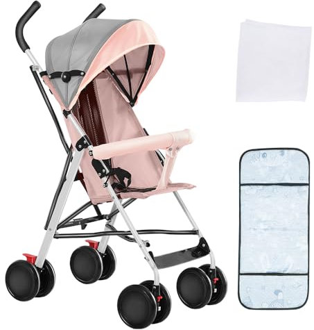 OHMG Poussette Compacte,Poussette Canne Bébé 0-6 Ans,Poussette en EVA,Landau à 4 roues,Landau assis,Parasol,Moustiquaire avec coussin en coton,Roues Verrouillables (Poudre)