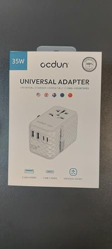 ocdun Universal Power Adapter 35W, International Plug with 80cm Retractable Cable, Fast Charging Port, Travel Essentials, Compatible with US, EU, UK, AUS, Asia and More Outlets (White)
