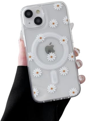 ZTOFERA Magnetisch Hülle für iPhone 15, Transparent Soft Handyhülle mit Blume Muster [Kompatibel mit MagSafe Kabellosem Laden], Stoßfeste Schutzhülle für iPhone 15 6,1- Gänseblümchen