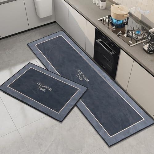 OPLERT Küchenteppich 2-teilig, rutschfeste, waschbare Küchenmatten und Teppich-Läufer-Set, wasserabsorbierende und schmutzabweisende Küchenbodenmatte,Schwarz,43x75+43x150cm