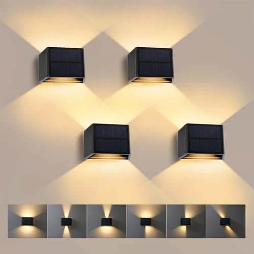 T-SUN 4 Pezzi Lampada da Parete Solare, Lampade Solari Regolabile, 3000K Luce Solare, IP65 Impermeabile, LED Lampada da Parete Esterna per Recinzione da Giardino a Parete