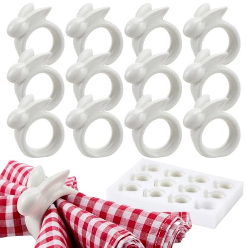 Jingmore Set mit 12 Osterhasen-Serviettenringen, Porzellan-Serviettenringe, Vintage-Stil, weißer Hasen-Keramikhalter für Ostern, Frühling, Hochzeit, Esszimmer, Esstisch, Dekoration