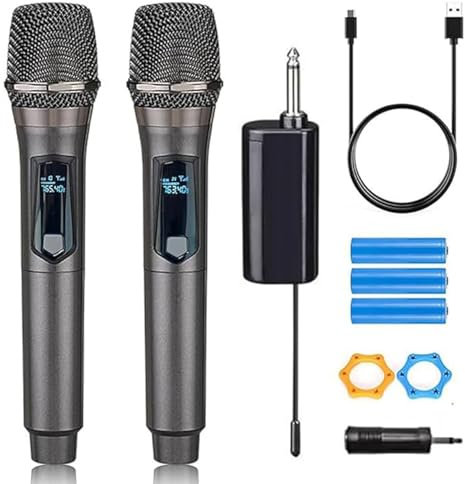 Bluetooth Microphone Wireless, Dual Handheld Cordless Microphone with Receiver and 3. 5mm Converter, 3 Rechargeable Batteries Handheld Microphones for Karaoke Singing, Speech, Wedding, DJ, Party