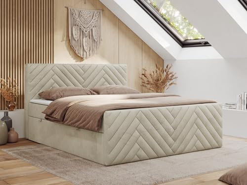 MKS MEBLE Boxspringbett 200x200 mit Bettkasten Matratze H4 - Paris Duo - Beige Velvet