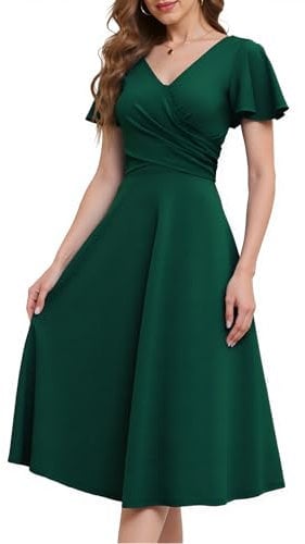 Fynadressr Vintage Cocktail Dresses for Women Semi Formal V-Neck Christmas Dress Short Sleeve Ruched Wrap A Line Midi Dress with Belt Dark Green XL
