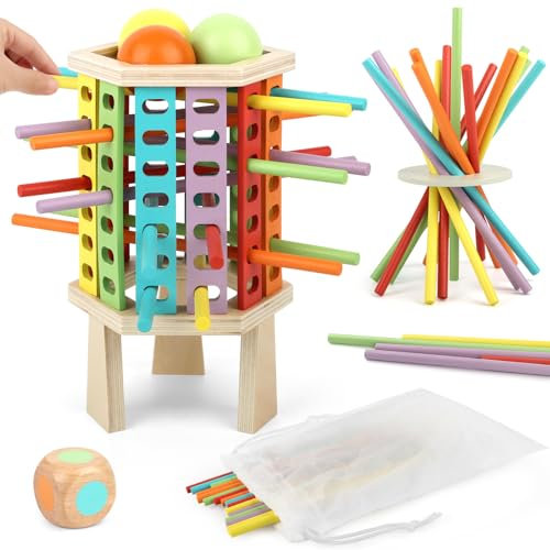 Montessori Spielzeug ab 3 Jahren – Holz Brettspiel mit 30 Bunten Holzstäbchen, Würfelspiel für Mathe & Feinmotorik, Lernspielzeug für Kinder ab 3, 4, 5, 6 Jahre – Ideales Reisespiel & Familienspiel