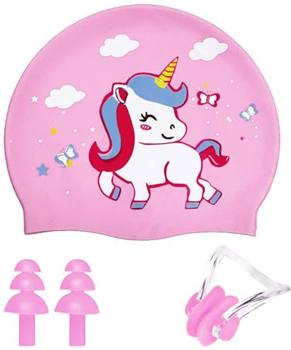 GWAWG Cuffia da bagno per bambini, cuffia da piscina per bambini, in silicone ipoallergenico, cuffia da bagno per ragazze, design unicorno, set con tappi per le orecchie e clip per il naso