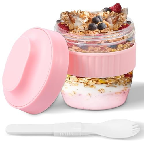 Overnight Oats Jar Container with Lid and Spoon Overnight Oat Container Leakproof Breakfast Pot Reusable Yoghurt Pot Breakfast Jar Oatmeal Salad Cup Cereal On The Go Cup Meal Prep Canister (pink)