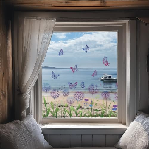 ANATTASOUL Fensterbilder Doppelseitig Löwenzahn Schmetterling Fensterdeko Wiederverwendbar Fenstersticker Selbstklebend Fenster Aufkleber Deko Frühling Sommer für Glas Kinderzimmer Badezimmer