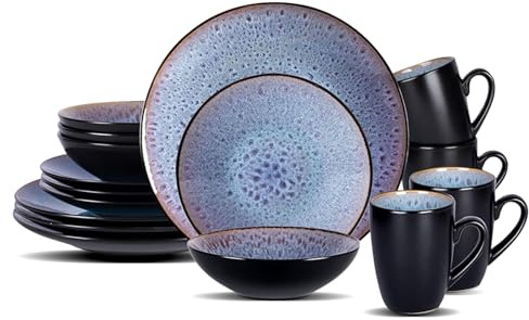 HomeVSS 16-Piece Porcelain Dinnerware Set with Reactive Glaze - Plates & Bowls Sets, 4 Deep Plates, Bowls, Mugs, Microwave & Dishwasher Safe, Stackable Art Tableware for Family- Grey