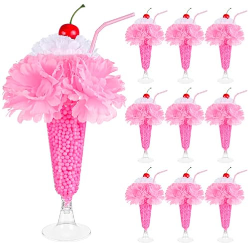 VAIPI 10 Sets 50's Soda Shop Party Decor 1950s Party Decorations Include 50 Artificial Carnation Flowers 10 Soda Glasses 10 Straws 10 Cherries for Table Centerpieces (Pink)