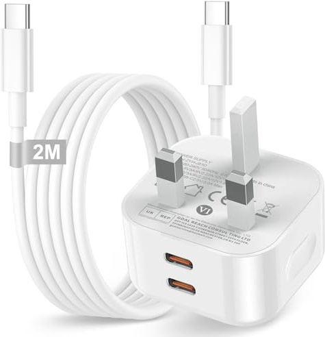 USB C Charger for iPhone 17 16 15 Fast Charger Plug, 20W Dual USB C Plug UK Power Adapter with Type C Charger Cable 2M for iPhone 17 Air/16e/16 Plus/16 Pro/16 Pro Max/15/15 Pro Max, iPad Pro/Air/Mini