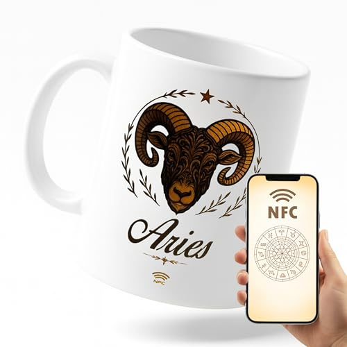 Miss Chapas | Taza ARIES Interactiva con Chip NFC – Acceso Diario al Horóscopo del Día | Regalo Original Astrología | Cerámica 300 ml | Compatible con iPhone y Android | Signos del Zodiaco