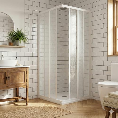 Box Doccia Camelia Telaio PVC Bianco, Pannelli Acrilico 1.5mm Effetto Goccia, Ante Scorrevoli, Apertura Angolare, Chiusura Magnetica, Regolabile, Installazione Facile, Reversibile (70x100 cm)