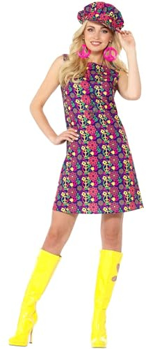 Smiffys 60s Psychedelic CND Costume, Multi-Coloured with Shift Dress & Hat, 1960's Groovy Fancy Dress, 1960s Dress Up Costumes