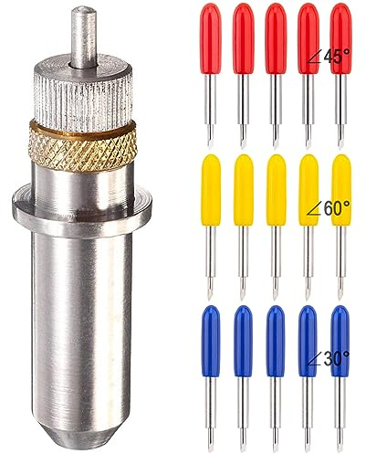 ADVcer 15pcs 30/45 / 60 Degree Vinyl Cutter Blades with Cut Blade Holder - All Purpose for GCC Vinyl Film Cutter Plotter Cutting Machines (ZEC-U1005, Dia. 2.0 mm, Offset Value 0.25mm)
