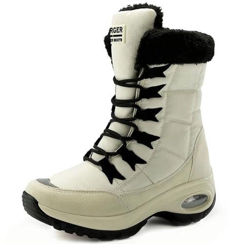 GURGER Stivali Donna Invernali Impermeabili Stivali da Neve Donna Alti Pelliccia Calda Stivaletti Inverno Scarpe da Trekking Beige 39