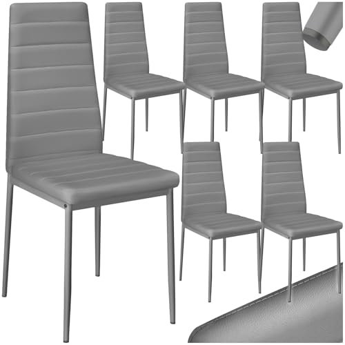 TecTake® sillas de Comedor Acolchadas, Funda de Cuero sintético, Respaldo Alto, Patas de Acero, Montaje Sencillo, sillas Comedor Modernas, Muebles Salon Modernos, Silla nordica - 6 Sillas Gris