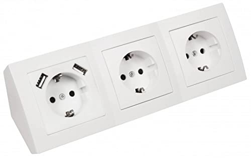 Steckdose 3-fach + 2x USB für Küche und Büro - Schreibtischsteckdose weiß ideal für Arbeitsplatte, Tischsteckdose oder Unterbausteckdose mit 3 Steckdosenelement Küchensteckdose