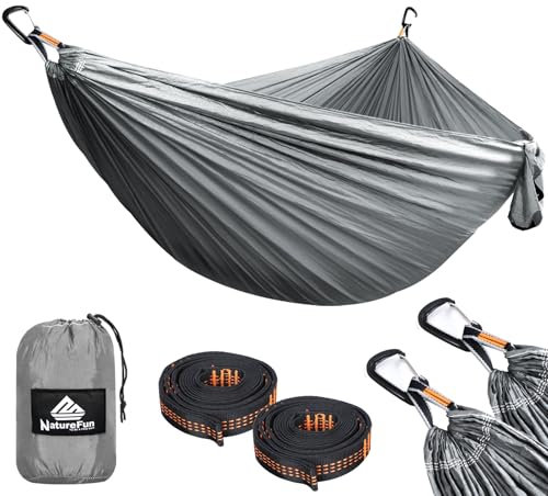 NATUREFUN Hamaca Ultraligera para Camping (300x200 cm) | 300 kg de Capacidad de Carga,Estilo Paracaídas de Nylon, Transpirable y de Secado Rápido | 2 Mosquetones Premium, 2 Eslingas de Nylon Incluidas