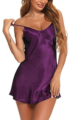 Litherday Camicia da Notte Donna in Raso Sexy Babydoll con Scollo a V e Spalline Regolabili Sottoveste Elegante Vestaglia Estiva Intimo Lingerie Donna Viola M