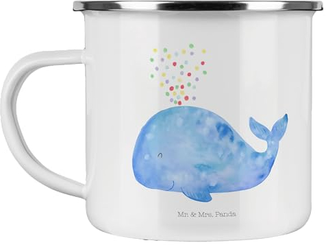 Mr. & Mrs. Panda Camping Emaille Tasse Wal Konfetti - Geschenk, Urlaub, Camping Tasse Emaille, Motivation, Outdoor Becher, Meer, Meerestiere, Emaille