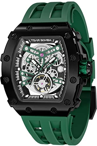 TSAR BOMBA Relojes Mecánicos Automáticos de Lujo para Hombre - Movimiento Japonés Cristal de Zafiro - Reloj Impermeable para Hombres 50M - Reloj Cuadrado con Esqueleto - Correa de Silicona