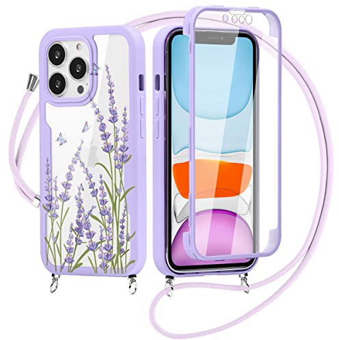 Yoedge 360 Grad Handyhülle Handykette für iPhone 11 Pro 5,8, Necklace Silikon TPU Fullbody Schutzhülle mit Integriertem Displayschutz Transparent Stoßfest Hülle mit Band zum Umhängen - Lavendel