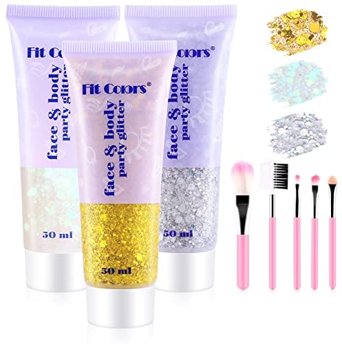 Glitter Gel 3 x 50ml, PAMIYO Glitzer Gesicht Body Pailletten Gesicht Glitzer für Face Haare Lippe Nagel Körper Meerjungfrau Pailletten Flüssiger Lidschatten Für festliche Anlässe (Weiß+Gold+Silber)