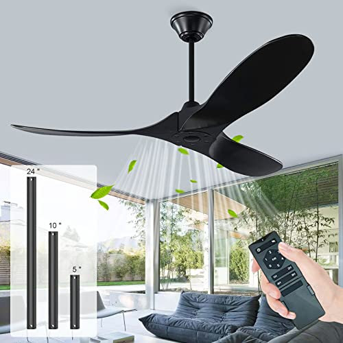 52 inch Black Ceiling Fan with Remote Control, Modern Wood Ceiling Fan Without Lights, Silent Reversible DC Motor, 6 Speed and 8 h Timing, Industrial Indoor/Outdoor Fan for Patio