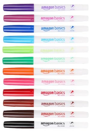 Amazon Basics Whiteboard-Marker, geruchsarm, ultrafeine Spitze, trocken abwischbar, Bunt, 12 Stück