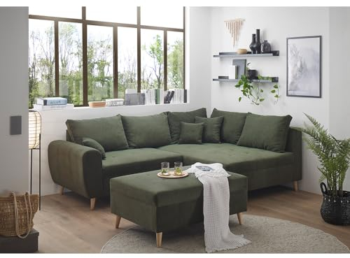 Lomadox Ecksofa mit Hocker und 8 Kissen in grün modern | L-Form mit Recamiere rechts