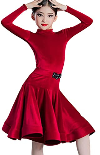 WNRLL Kids Dresses for Girls Long Sleeve Latin Dance Dress Velvet Ballroom Competition Party Stage Performance Practice Costumes,D,130