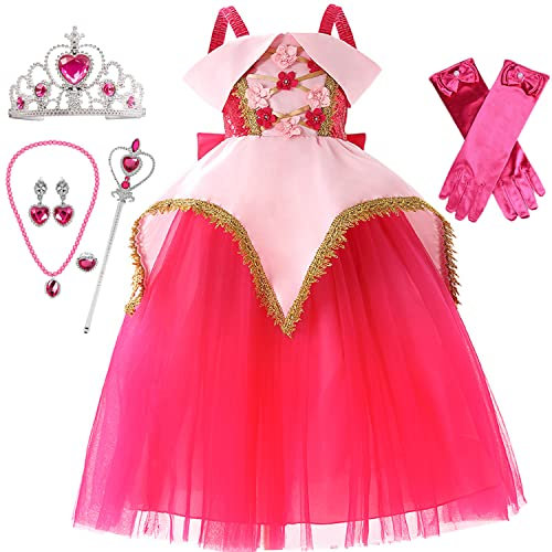 Windskids Princesse Aurore Déguisement et Accessoires Fille Cosplay La Belle au Bois Dormant Costume Fleurs Robe de Princesse pour Noël Carnaval Halloween Fête Anniversaire Robes de Soirée Rose 3-9ans