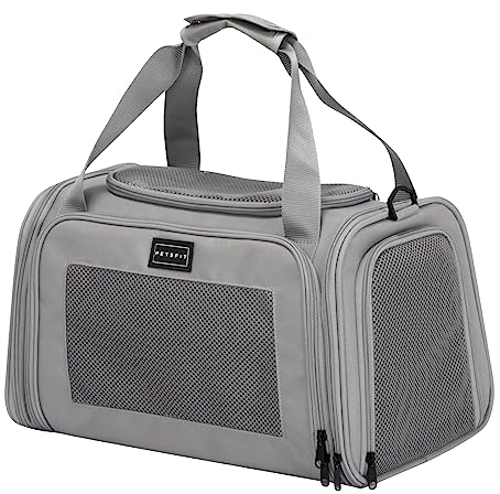 Petsfit Transportbox Katze kleine Hunde leicht Hundetasche Flugzeug für kleine Hunde Katzen Transporttasche Hundetragetasche,Tragetasche Hund Flugtasche mit Schutzgurt & erweiterbare Matte, S/Grau